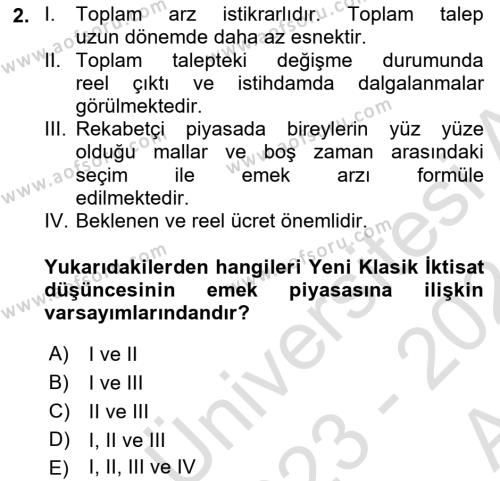 İstihdam ve İşsizlik Dersi 2023 - 2024 Yılı (Vize) Ara Sınavı 2. Soru