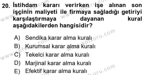 Çalışma Ekonomisi Dersi 2021 - 2022 Yılı (Vize) Ara Sınavı 20. Soru