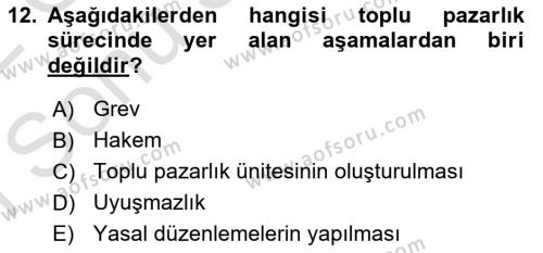 Endüstri İlişkileri Dersi 2021 - 2022 Yılı (Final) Dönem Sonu Sınavı 12. Soru