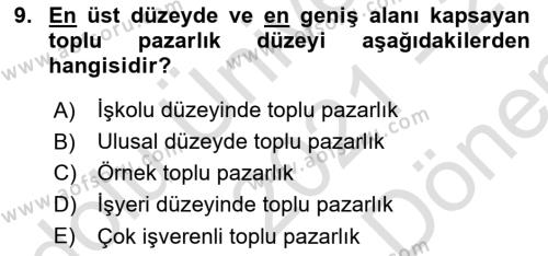 Endüstri İlişkileri Dersi 2021 - 2022 Yılı (Final) Dönem Sonu Sınavı 9. Soru