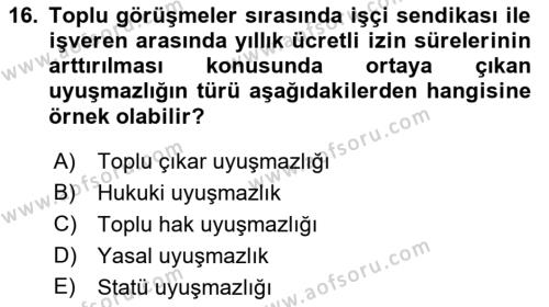 Endüstri İlişkileri Dersi 2023 - 2024 Yılı (Final) Dönem Sonu Sınavı 16. Soru