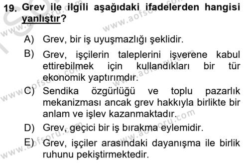 Endüstri İlişkileri Dersi 2023 - 2024 Yılı (Final) Dönem Sonu Sınavı 19. Soru