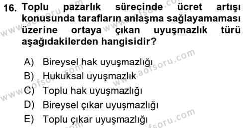 Endüstri İlişkileri Dersi 2023 - 2024 Yılı Yaz Okulu Sınavı 16. Soru