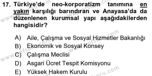 Endüstri İlişkileri Dersi 2023 - 2024 Yılı Yaz Okulu Sınavı 17. Soru