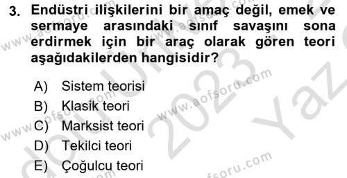 Endüstri İlişkileri Dersi 2023 - 2024 Yılı Yaz Okulu Sınavı 3. Soru