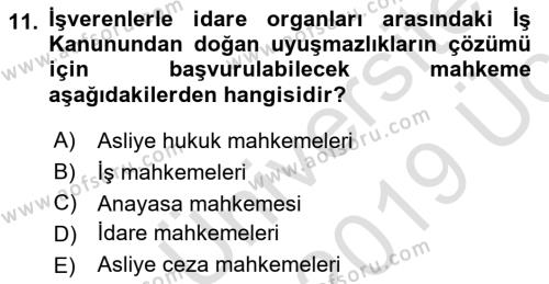 Çalışma Yaşamının Denetimi Dersi 2018 - 2019 Yılı 3 Ders Sınavı 11. Soru