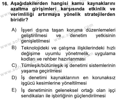 Çalışma Yaşamının Denetimi Dersi 2018 - 2019 Yılı 3 Ders Sınavı 16. Soru