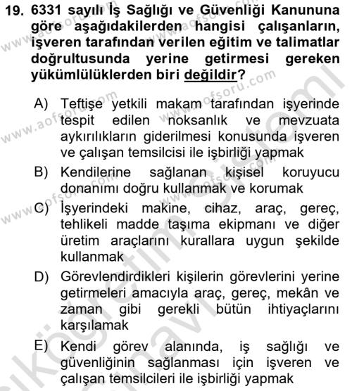 Çalışma Yaşamının Denetimi Dersi 2018 - 2019 Yılı 3 Ders Sınavı 19. Soru