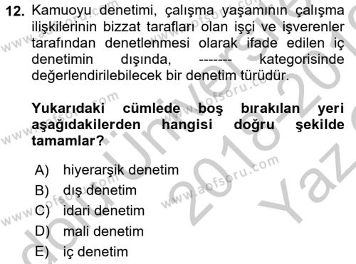 Çalışma Yaşamının Denetimi Dersi 2018 - 2019 Yılı Yaz Okulu Sınavı 12. Soru