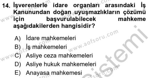 Çalışma Yaşamının Denetimi Dersi 2018 - 2019 Yılı Yaz Okulu Sınavı 14. Soru