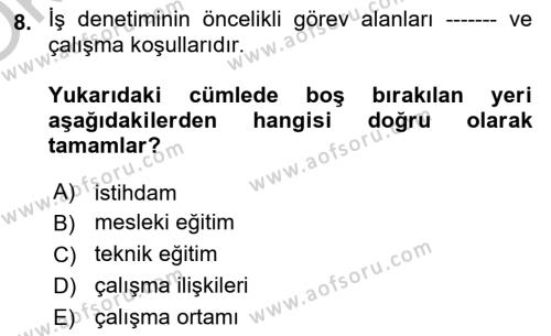 Çalışma Yaşamının Denetimi Dersi 2018 - 2019 Yılı Yaz Okulu Sınavı 8. Soru