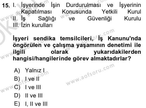 Çalışma Yaşamının Denetimi Dersi 2020 - 2021 Yılı Yaz Okulu Sınavı 15. Soru