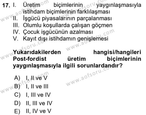 Çalışma Yaşamının Denetimi Dersi 2020 - 2021 Yılı Yaz Okulu Sınavı 17. Soru