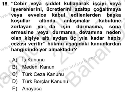 Çalışma Yaşamının Denetimi Dersi 2021 - 2022 Yılı (Vize) Ara Sınavı 18. Soru