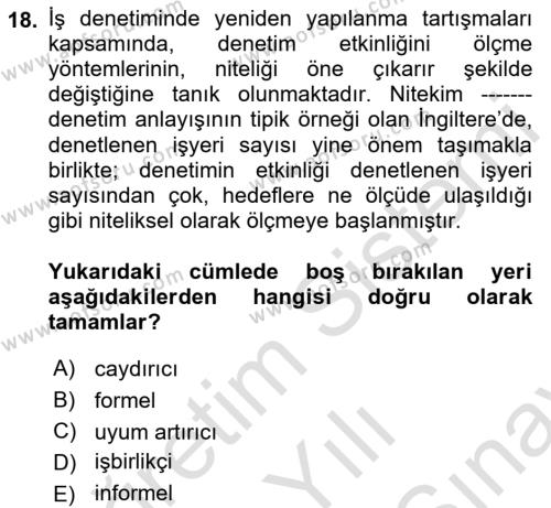 Çalışma Yaşamının Denetimi Dersi 2021 - 2022 Yılı (Final) Dönem Sonu Sınavı 18. Soru