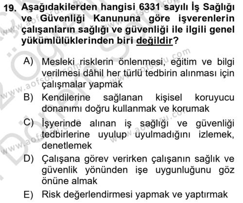 Çalışma Yaşamının Denetimi Dersi 2021 - 2022 Yılı (Final) Dönem Sonu Sınavı 19. Soru