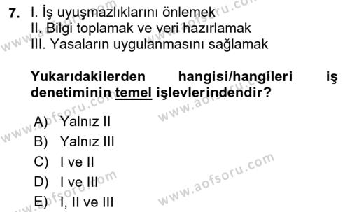 Çalışma Yaşamının Denetimi Dersi 2023 - 2024 Yılı (Vize) Ara Sınavı 7. Soru