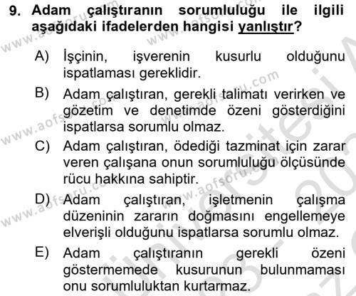 İş Sağlığı ve Güvenliği Dersi 2023 - 2024 Yılı Yaz Okulu Sınavı 9. Soru