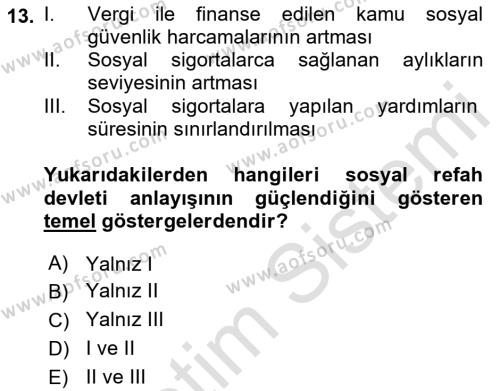 Sosyal Güvenlik Dersi 2018 - 2019 Yılı 3 Ders Sınavı 13. Soru