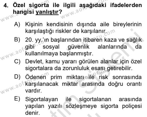 Sosyal Güvenlik Dersi 2020 - 2021 Yılı Yaz Okulu Sınavı 4. Soru