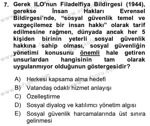 Sosyal Güvenlik Dersi 2020 - 2021 Yılı Yaz Okulu Sınavı 7. Soru