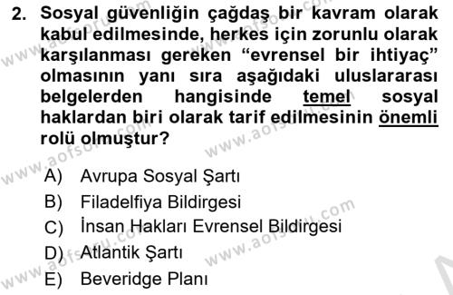 Sosyal Güvenlik Dersi 2022 - 2023 Yılı (Vize) Ara Sınavı 2. Soru