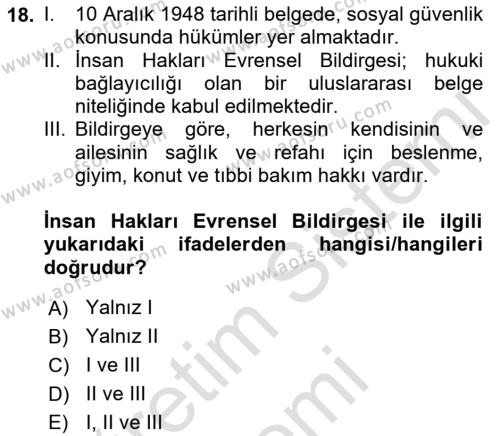 Sosyal Güvenlik Dersi 2023 - 2024 Yılı (Final) Dönem Sonu Sınavı 18. Soru