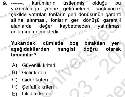 Sosyal Güvenlik Dersi 2023 - 2024 Yılı (Final) Dönem Sonu Sınavı 9. Soru