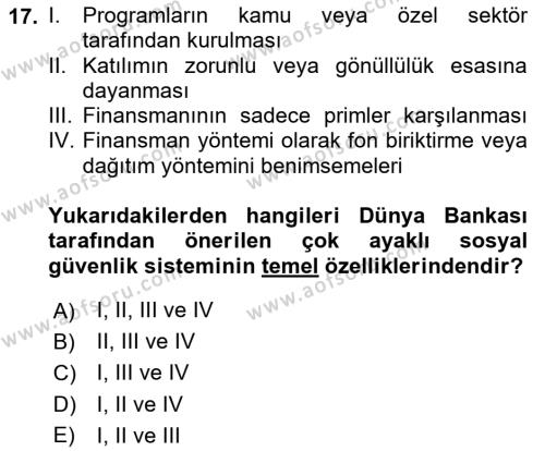 Sosyal Güvenlik Dersi 2023 - 2024 Yılı Yaz Okulu Sınavı 17. Soru