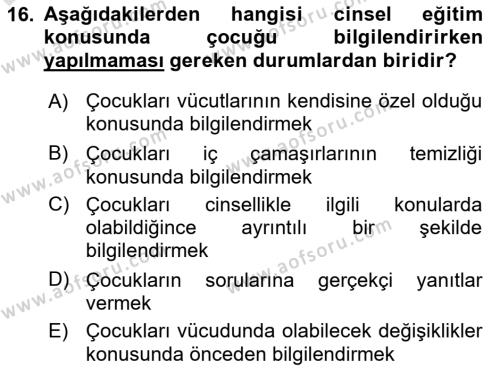 Çocuk Gelişimi Dersi 2018 - 2019 Yılı 3 Ders Sınavı 16. Soru