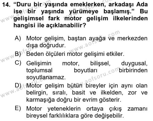 Çocuk Gelişimi Dersi 2018 - 2019 Yılı (Vize) Ara Sınavı 14. Soru