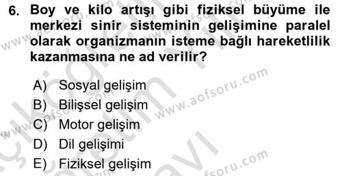 Çocuk Gelişimi Dersi 2022 - 2023 Yılı Yaz Okulu Sınavı 6. Soru