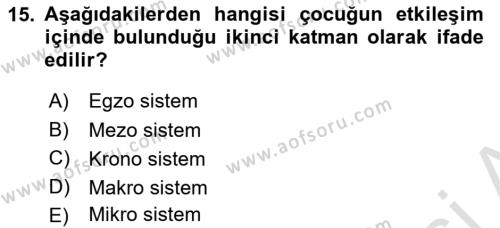 Gelişimsel Tanı Ve Değerlendirme Yöntemleri Dersi 2023 - 2024 Yılı (Final) Dönem Sonu Sınavı 15. Soru