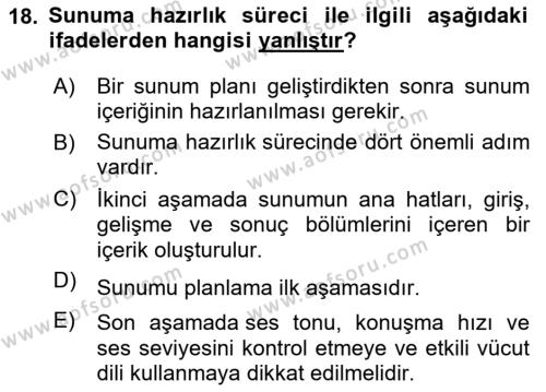 Toplantı Ve Sunu Teknikleri Dersi 2020 - 2021 Yılı Yaz Okulu Sınavı 18. Soru