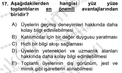 Toplantı Ve Sunu Teknikleri Dersi 2023 - 2024 Yılı (Vize) Ara Sınavı 17. Soru