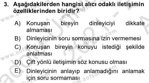 Çağrı Merkezinde Hizmet Dersi 2021 - 2022 Yılı (Vize) Ara Sınavı 3. Soru