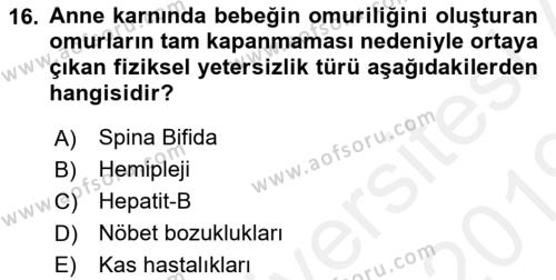 Bakıma Gereksinimi Olan Engelli Bireyler 1 Dersi 2018 - 2019 Yılı (Final) Dönem Sonu Sınavı 16. Soru