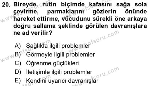 Bakıma Gereksinimi Olan Engelli Bireyler 1 Dersi 2018 - 2019 Yılı (Final) Dönem Sonu Sınavı 20. Soru