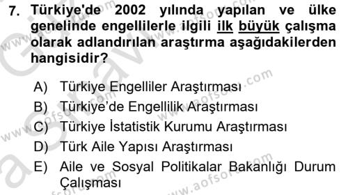 Bakıma Gereksinimi Olan Engelli Bireyler 1 Dersi 2019 - 2020 Yılı (Vize) Ara Sınavı 7. Soru