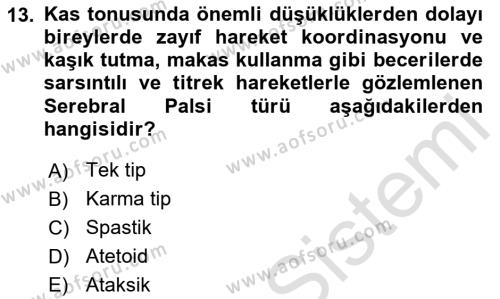 Bakıma Gereksinimi Olan Engelli Bireyler 1 Dersi 2020 - 2021 Yılı Yaz Okulu Sınavı 13. Soru