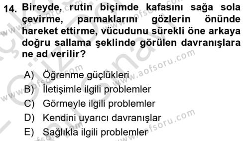 Bakıma Gereksinimi Olan Engelli Bireyler 1 Dersi 2021 - 2022 Yılı (Final) Dönem Sonu Sınavı 14. Soru