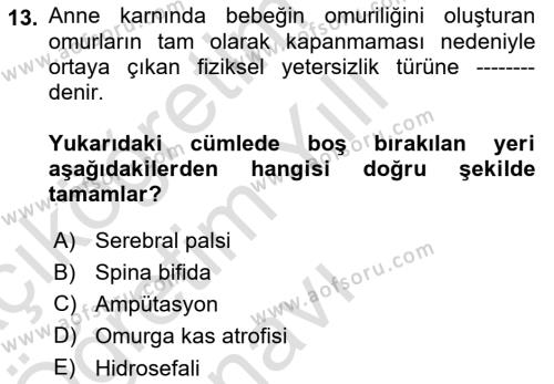 Bakıma Gereksinimi Olan Engelli Bireyler 1 Dersi 2021 - 2022 Yılı Yaz Okulu Sınavı 13. Soru