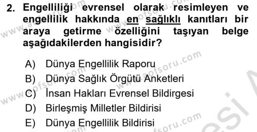 Bakıma Gereksinimi Olan Engelli Bireyler 1 Dersi 2022 - 2023 Yılı Yaz Okulu Sınavı 2. Soru