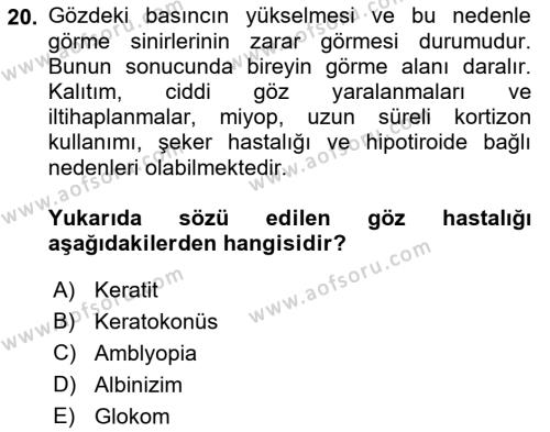 Bakıma Gereksinimi Olan Engelli Bireyler 1 Dersi 2022 - 2023 Yılı Yaz Okulu Sınavı 20. Soru