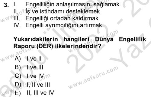 Bakıma Gereksinimi Olan Engelli Bireyler 1 Dersi 2022 - 2023 Yılı Yaz Okulu Sınavı 3. Soru