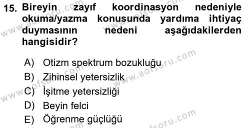 Bakıma Gereksinimi Olan Engelli Bireyler 1 Dersi 2023 - 2024 Yılı (Final) Dönem Sonu Sınavı 15. Soru