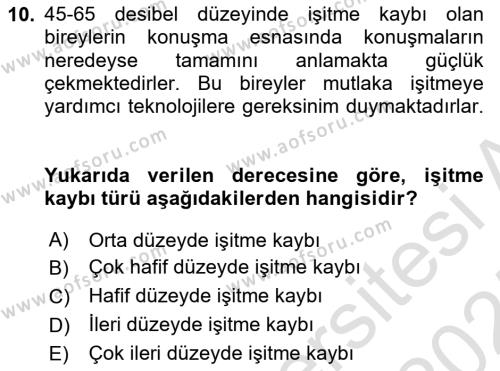 Bakıma Gereksinimi Olan Engelli Bireyler 1 Dersi 2024 - 2025 Yılı (Vize) Ara Sınavı 10. Soru