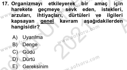 İnsan ve Davranış Dersi 2021 - 2022 Yılı (Vize) Ara Sınavı 17. Soru