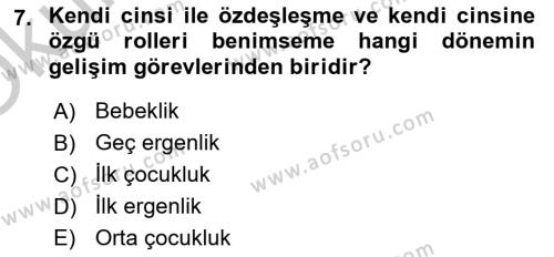 Yaşam Boyu Büyüme ve Gelişim Dersi 2018 - 2019 Yılı Yaz Okulu Sınavı 7. Soru