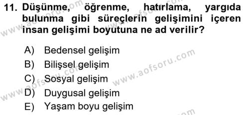 Yaşam Boyu Büyüme ve Gelişim Dersi 2019 - 2020 Yılı (Vize) Ara Sınavı 11. Soru